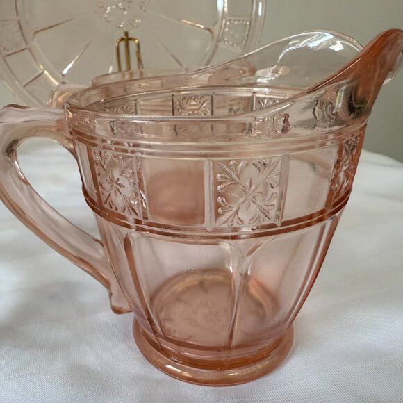Jeannette Doric Pink Depression Glass Set Vintage Cream Sugar Bowls Platter Set - Picture 6 of 8